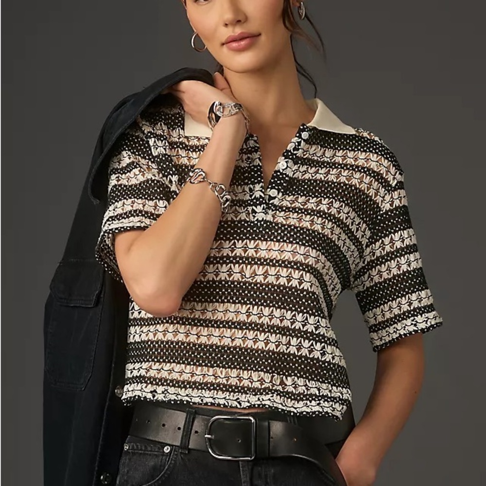 New Black and Cream Blue Tassel by Anthropologie Crochet Polo Top Sz XXS